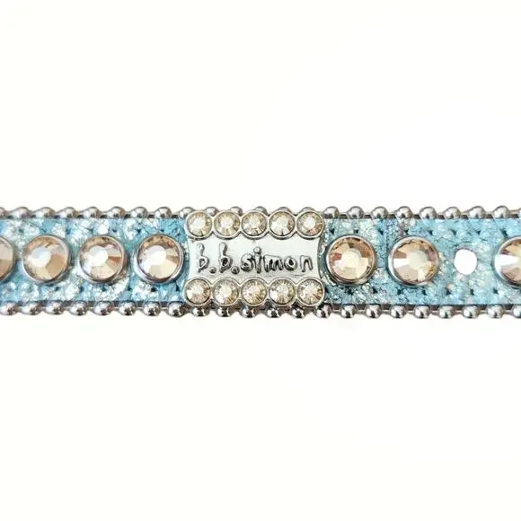 B.B. SIMON Alegra leather skinny Swarovski Crystal skinny belt blue metallic L - Picture 5 of 7